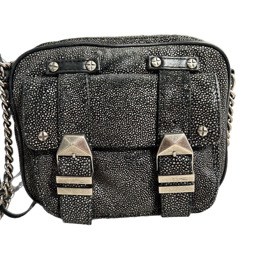 Rebecca Minkoff Black Leather Buckle Bag Crossbody Pebbled Silver